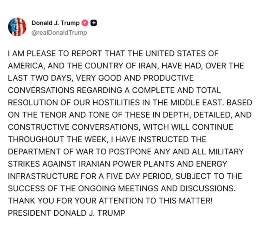 TRUMP HALTS STRIKES ON IRAN’S POWER FACILITIES AFTER PEACE TALKS